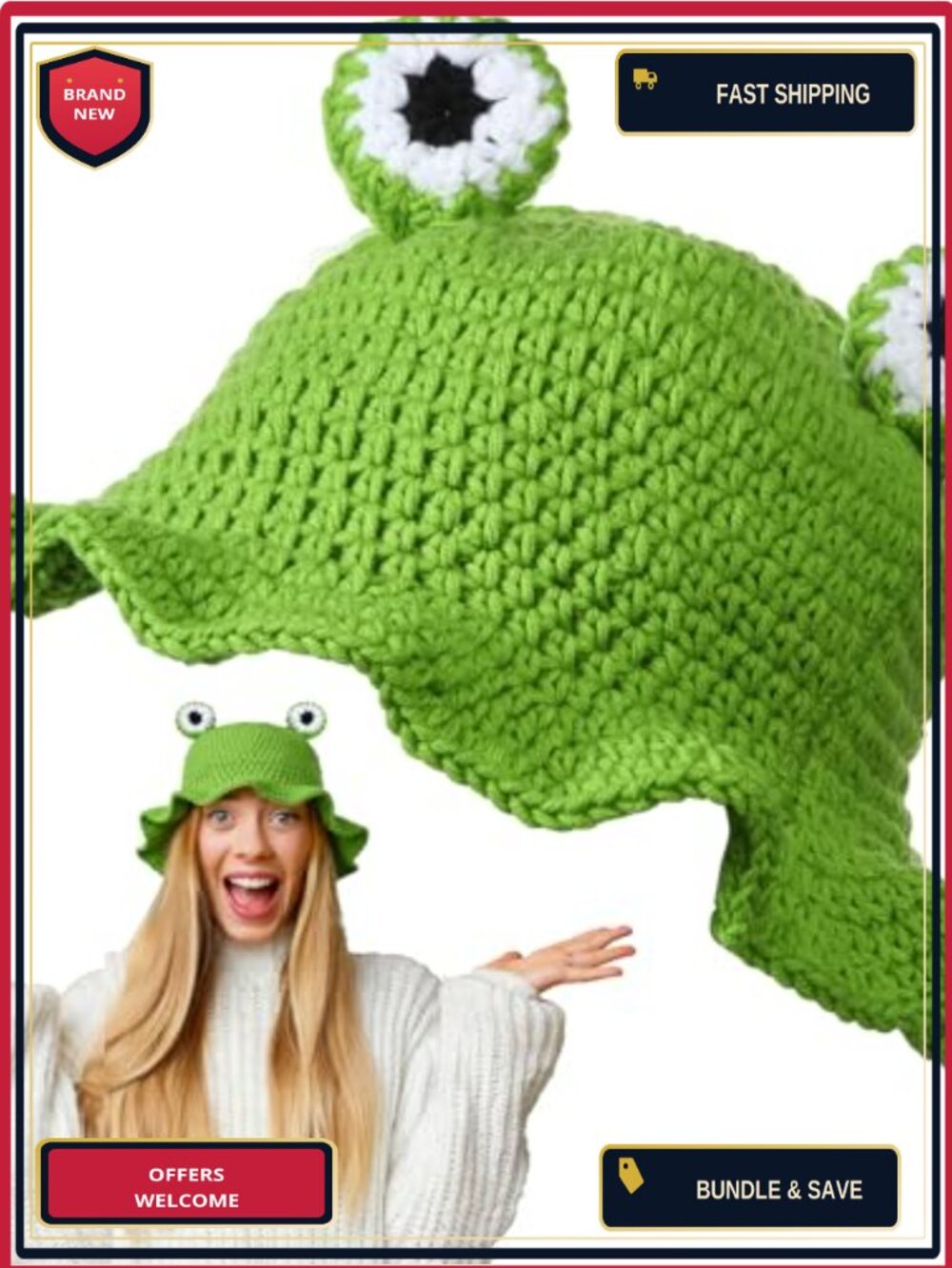Handmade Crochet Frog Bucket Hat Knitted Animal Beanie